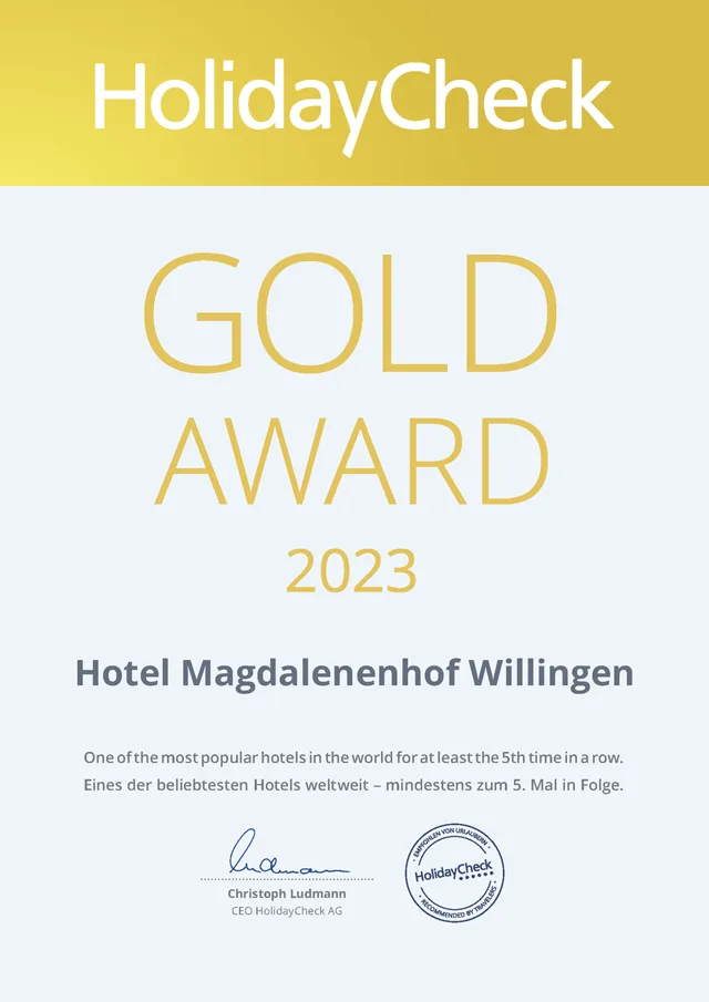 Urkunde HolidayCheck Gold Award 2023 für das Hotel Magdalenenhof Willingen