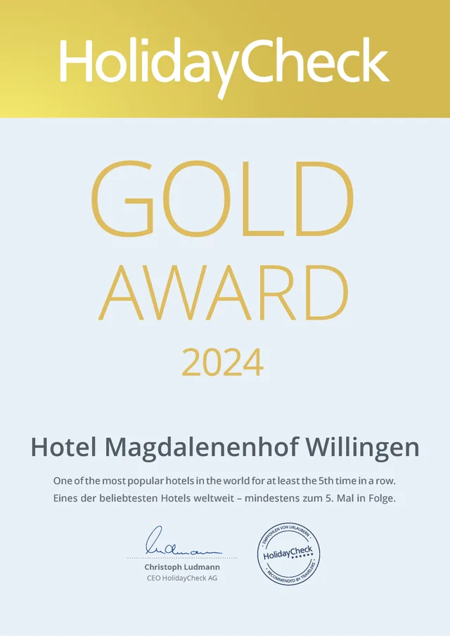 Urkunde HolidayCheck Gold Award 2024 für das Hotel Magdalenenhof Willingen