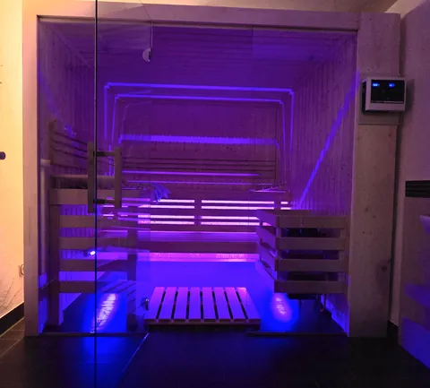 Wellnest mit violettem Licht und Saunabänken